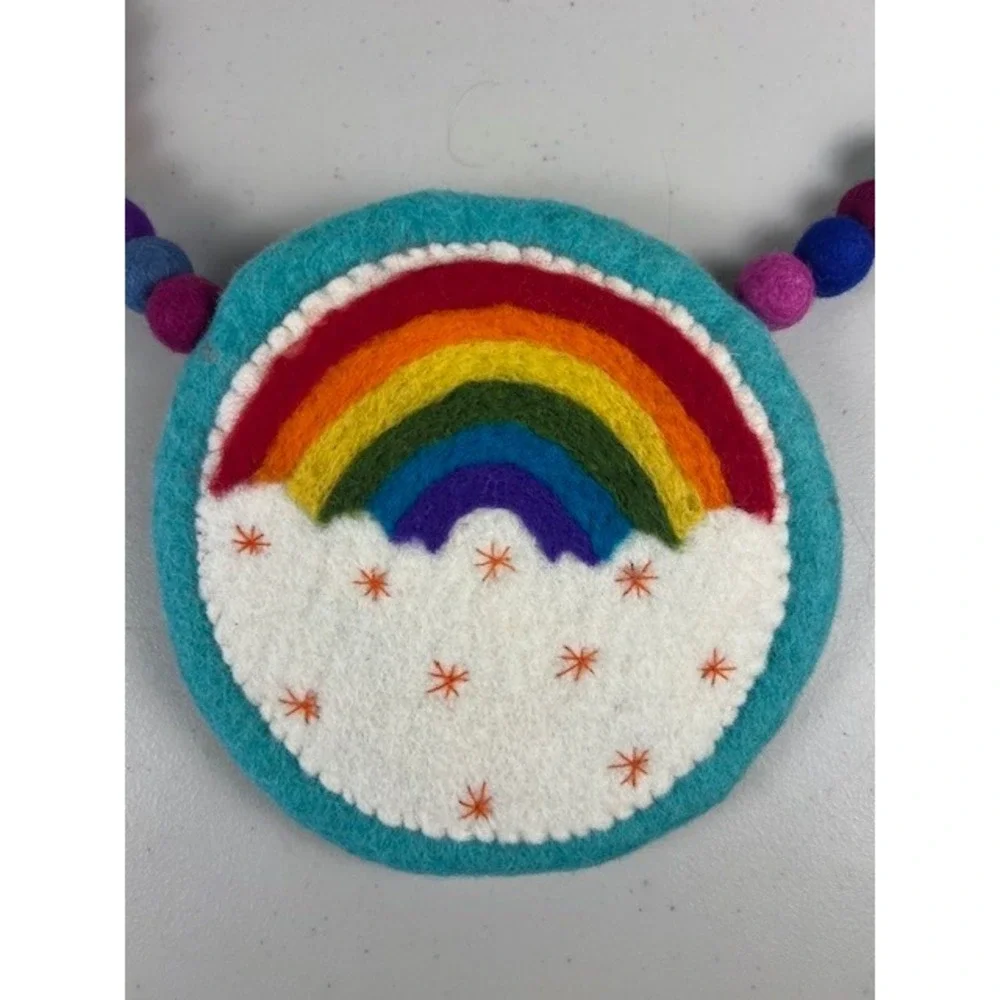 BNB Crafts Inc Rainbow Felt Wool Crossbody Bag Handmade Nepal Pom Pom Strap NEW